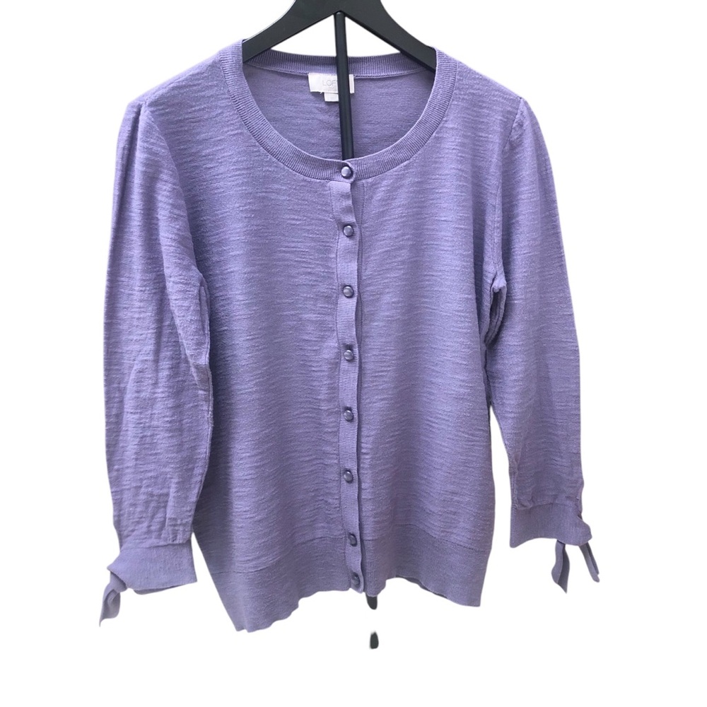 Purple Loft Cardigan with pearly purple buttons and cute tie end sleeves.